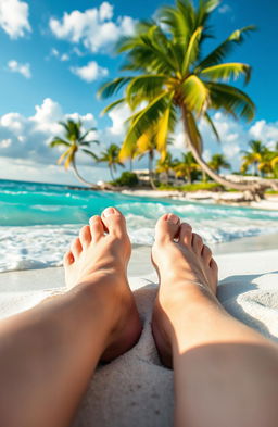 A close-up view of a pair of white male feet resting in soft, white sand on a sunny Florida beach