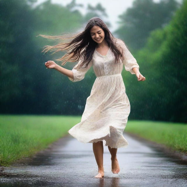 A woman with long hair, dancing joyfully in the rain, dressed in a simple cotton dress and is barefoot.