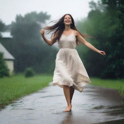 A woman with long hair, dancing joyfully in the rain, dressed in a simple cotton dress and is barefoot.