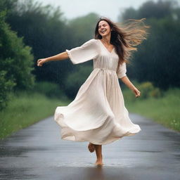 A woman with long hair, dancing joyfully in the rain, dressed in a simple cotton dress and is barefoot.