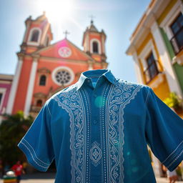 A blue shirt with intricate tribal details in white prominently displayed in the foreground