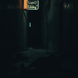 A haunting scene depicting a shadowy alleyway, dimly lit by flickering neon lights