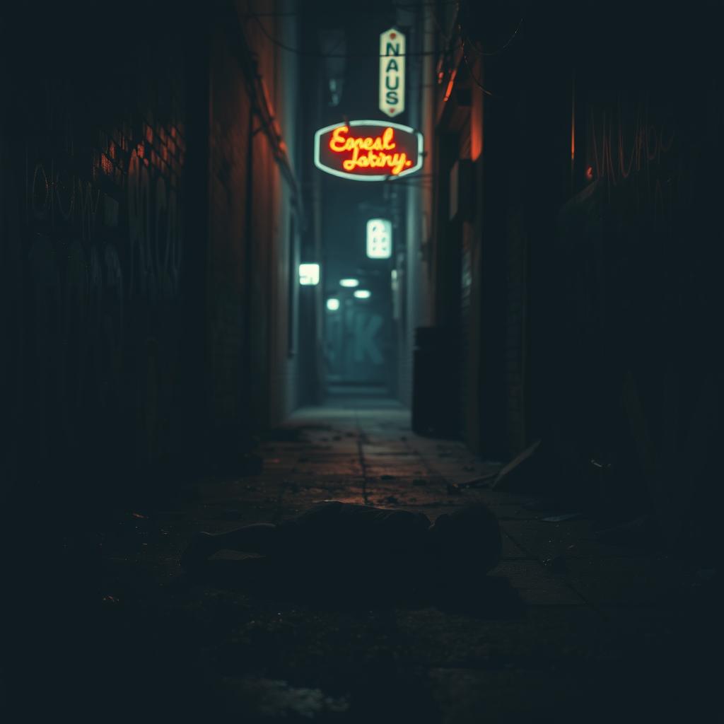 A haunting scene depicting a shadowy alleyway, dimly lit by flickering neon lights