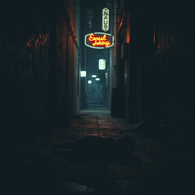 A haunting scene depicting a shadowy alleyway, dimly lit by flickering neon lights