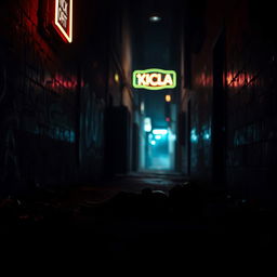 A haunting scene depicting a shadowy alleyway, dimly lit by flickering neon lights