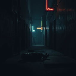 A haunting scene depicting a shadowy alleyway, dimly lit by flickering neon lights