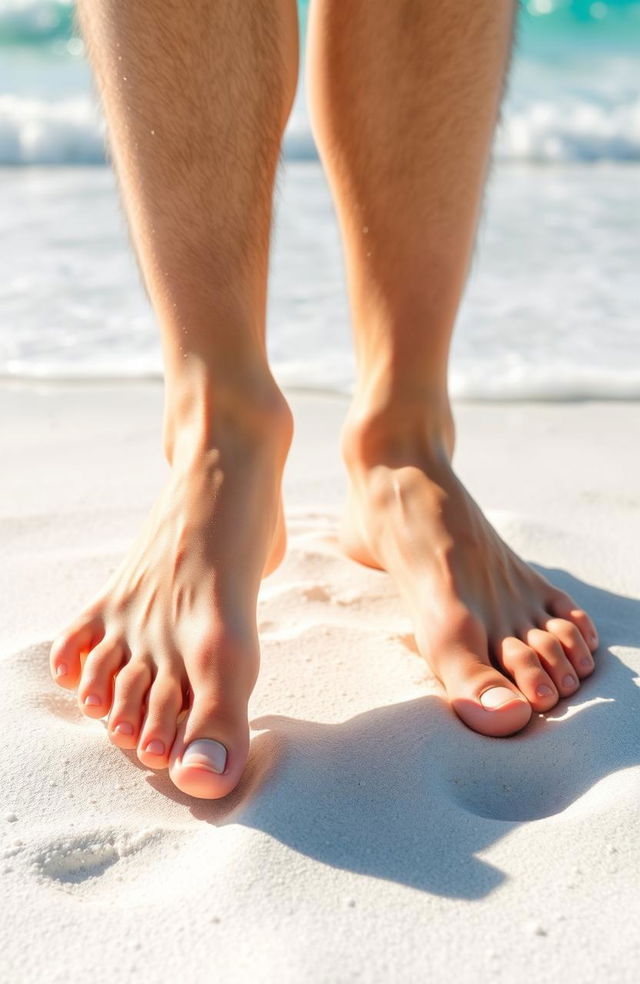 A close-up view of a pair of white male feet standing on pristine white sand in Florida, with the vibrant blue ocean waves gently lapping in the background