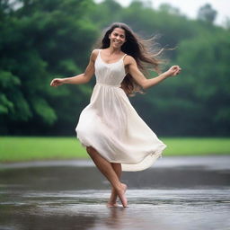 A woman with long hair, dancing joyfully in the rain, dressed in a simple cotton dress and is barefoot.