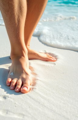 A close-up view of a pair of white male feet standing on pristine white sand in Florida, with the vibrant blue ocean waves gently lapping in the background