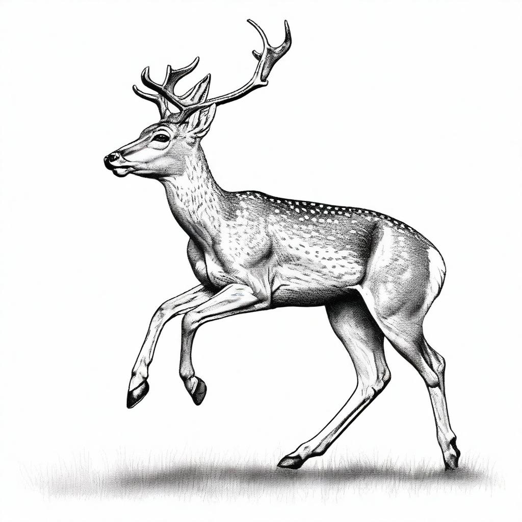 A highly detailed, realistic illustration of full-bodied roe deer, outlined in black, with white spots on its back, shown either leaping or walking, set against a stark white backdrop