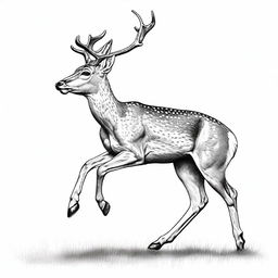 A highly detailed, realistic illustration of full-bodied roe deer, outlined in black, with white spots on its back, shown either leaping or walking, set against a stark white backdrop