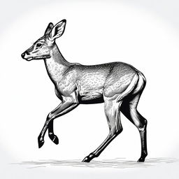 A highly detailed, realistic illustration of full-bodied roe deer, outlined in black, with white spots on its back, shown either leaping or walking, set against a stark white backdrop