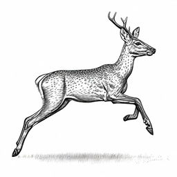 A highly detailed, realistic illustration of full-bodied roe deer, outlined in black, with white spots on its back, shown either leaping or walking, set against a stark white backdrop