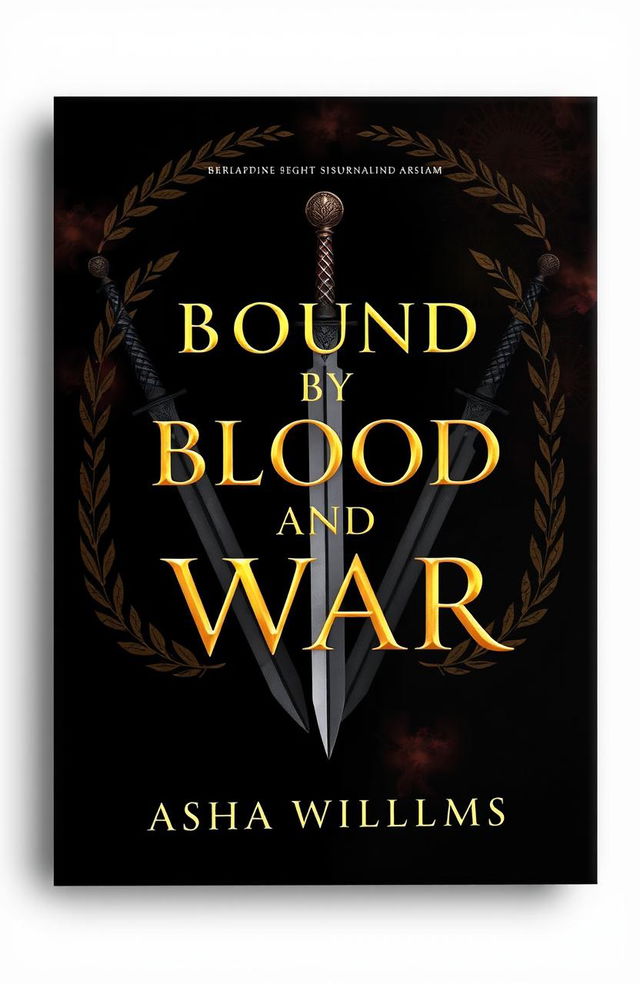 A fantasy book cover design titled "Bound by Blood and War" by Asha Williams, featuring breathtaking gold font for the title