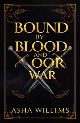 A fantasy book cover design titled "Bound by Blood and War" by Asha Williams, featuring breathtaking gold font for the title
