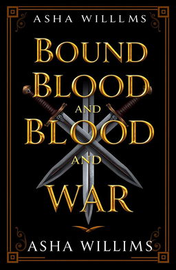 A fantasy book cover design titled "Bound by Blood and War" by Asha Williams, featuring breathtaking gold font for the title