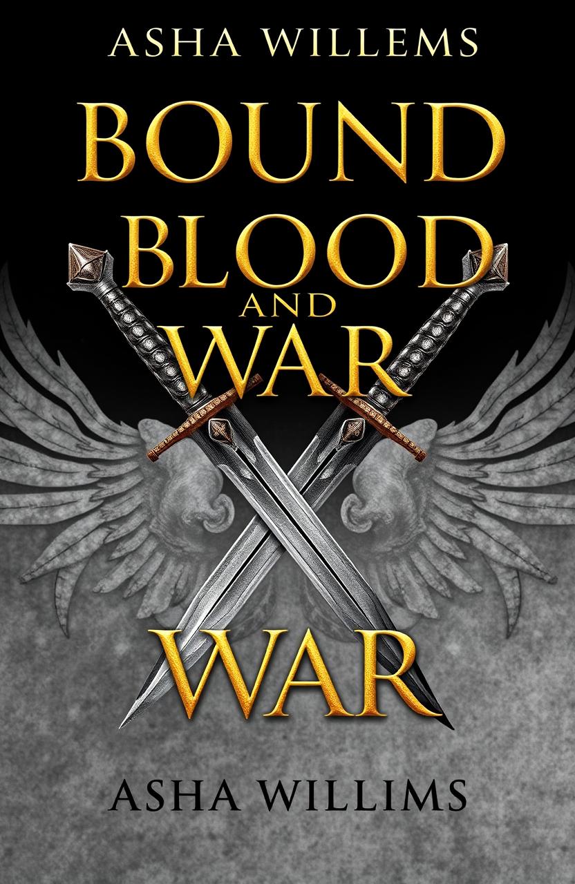 A fantasy book cover design titled "Bound by Blood and War" by Asha Williams, featuring breathtaking gold font for the title