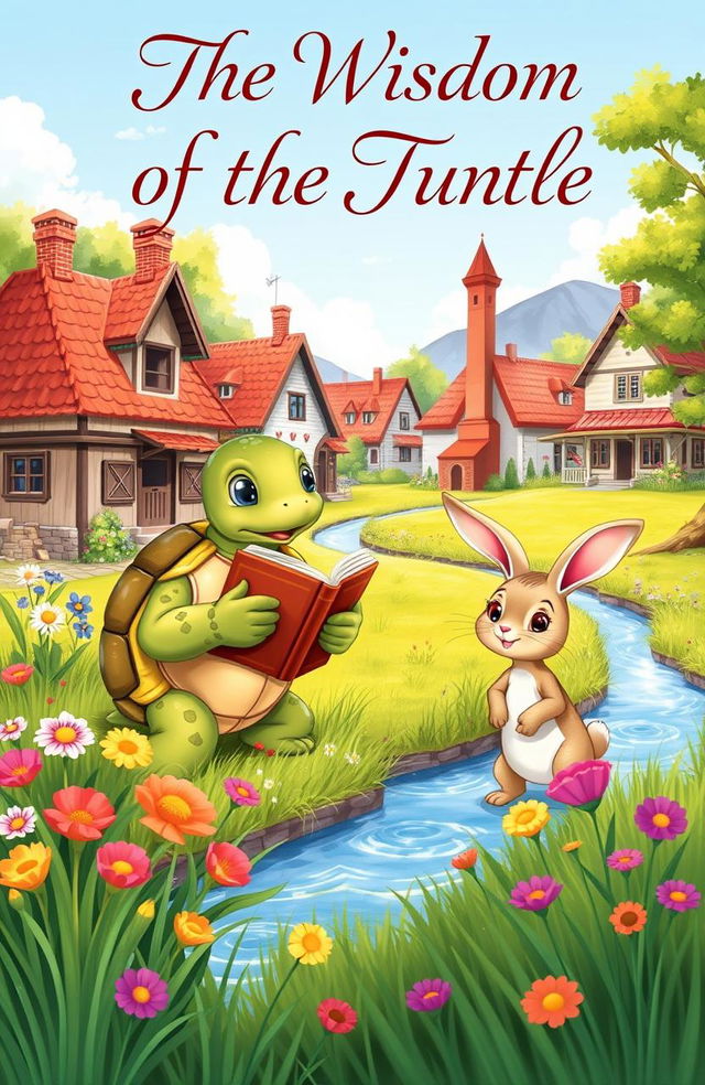 A picturesque village scene illustrated as a children's storybook cover, featuring a wise old turtle and a curious young rabbit