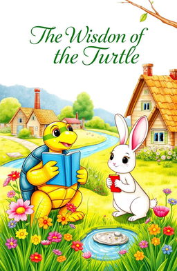 A picturesque village scene illustrated as a children's storybook cover, featuring a wise old turtle and a curious young rabbit