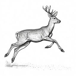 A highly detailed, realistic illustration of full-bodied roe deer, outlined in black, with white spots on its back, shown either leaping or walking, set against a stark white backdrop