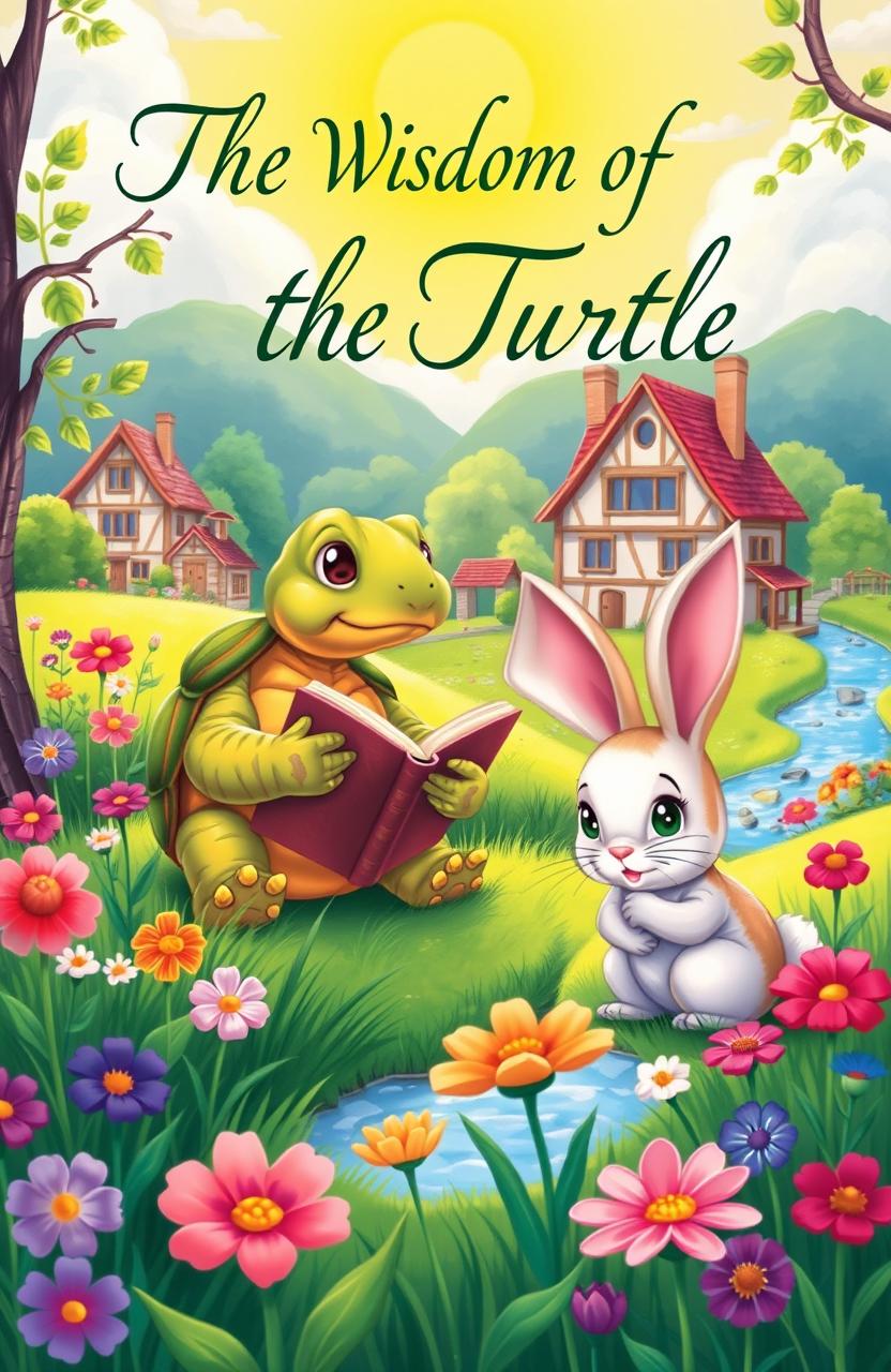 A picturesque village scene illustrated as a children's storybook cover, featuring a wise old turtle and a curious young rabbit