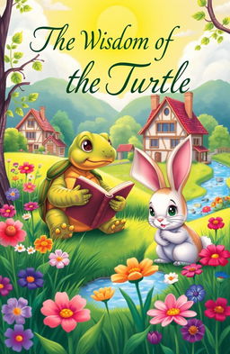 A picturesque village scene illustrated as a children's storybook cover, featuring a wise old turtle and a curious young rabbit