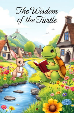 A picturesque village scene illustrated as a children's storybook cover, featuring a wise old turtle and a curious young rabbit
