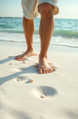 A close-up shot of a man's feet standing in soft white sand on a beautiful beach in Florida