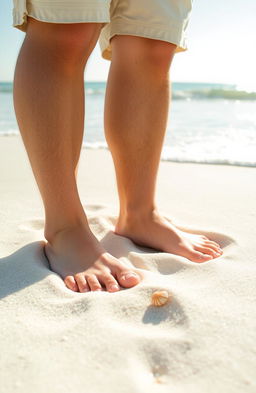 A close-up shot of a man's feet standing in soft white sand on a beautiful beach in Florida