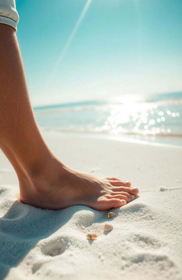 A close-up shot of a man's feet standing in soft white sand on a beautiful beach in Florida