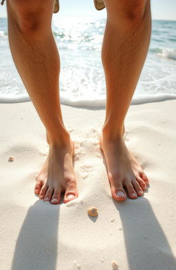 A close-up shot of a man's feet standing in soft white sand on a beautiful beach in Florida