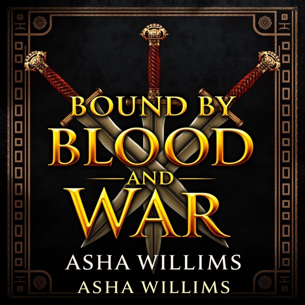 A fantasy book cover design titled "Bound by Blood and War" by Asha Williams, featuring breathtaking gold font for the title prominently displayed