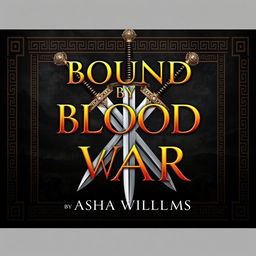 A fantasy book cover design titled "Bound by Blood and War" by Asha Williams, featuring breathtaking gold font for the title prominently displayed