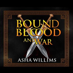 A fantasy book cover design titled "Bound by Blood and War" by Asha Williams, featuring breathtaking gold font for the title prominently displayed