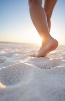A close-up view of bare feet standing on soft, white sand, the sun casting a warm glow on the scene
