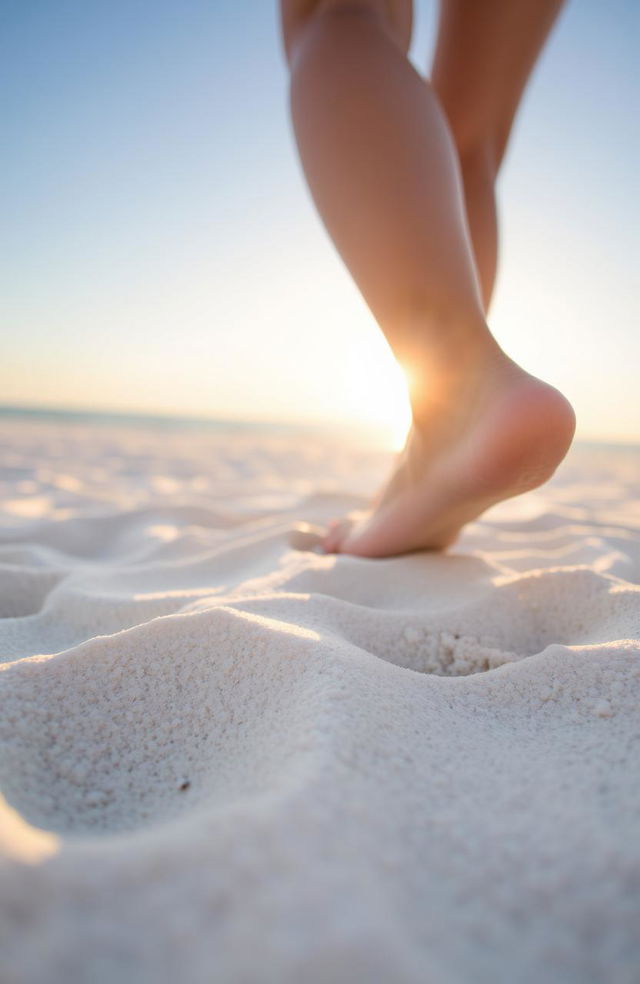 A close-up view of bare feet standing on soft, white sand, the sun casting a warm glow on the scene