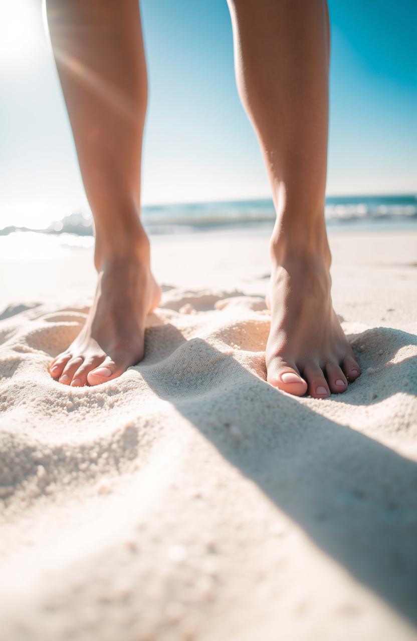 A close-up view of bare feet standing on soft, white sand, the sun casting a warm glow on the scene