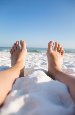 A close-up view of bare feet standing on soft, white sand, the sun casting a warm glow on the scene