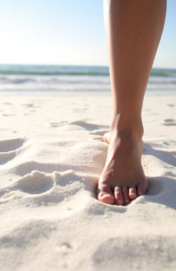A close-up view of bare feet standing on soft, white sand, the sun casting a warm glow on the scene