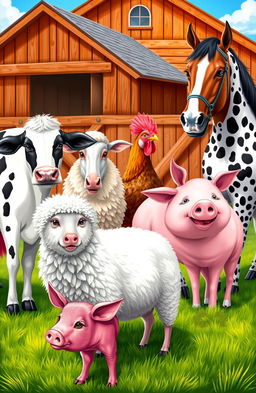 A vibrant and detailed farm scene showcasing various breeds of farm animals