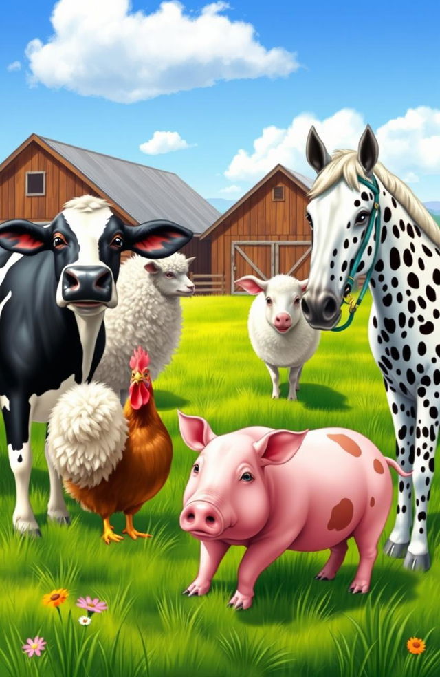 A vibrant and detailed farm scene showcasing various breeds of farm animals