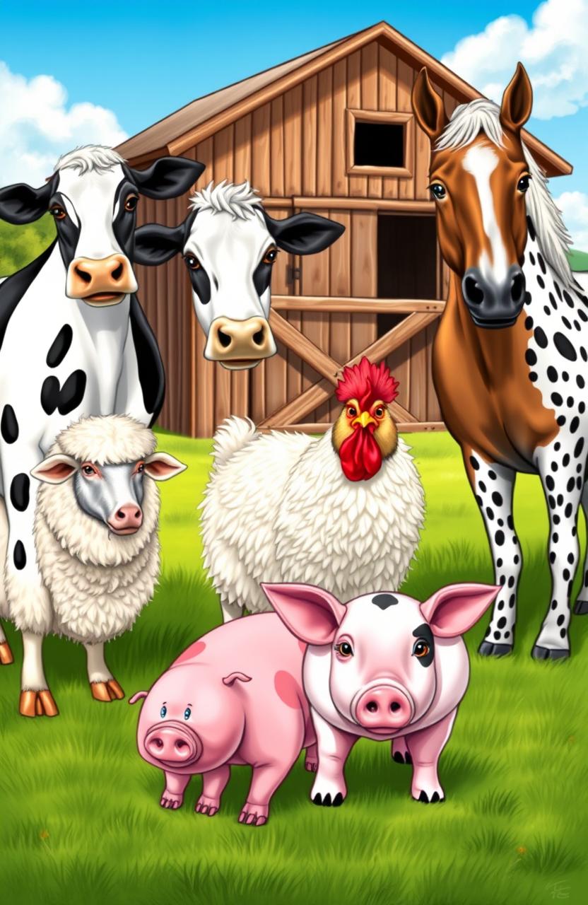 A vibrant and detailed farm scene showcasing various breeds of farm animals