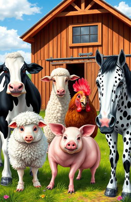 A vibrant and detailed farm scene showcasing various breeds of farm animals