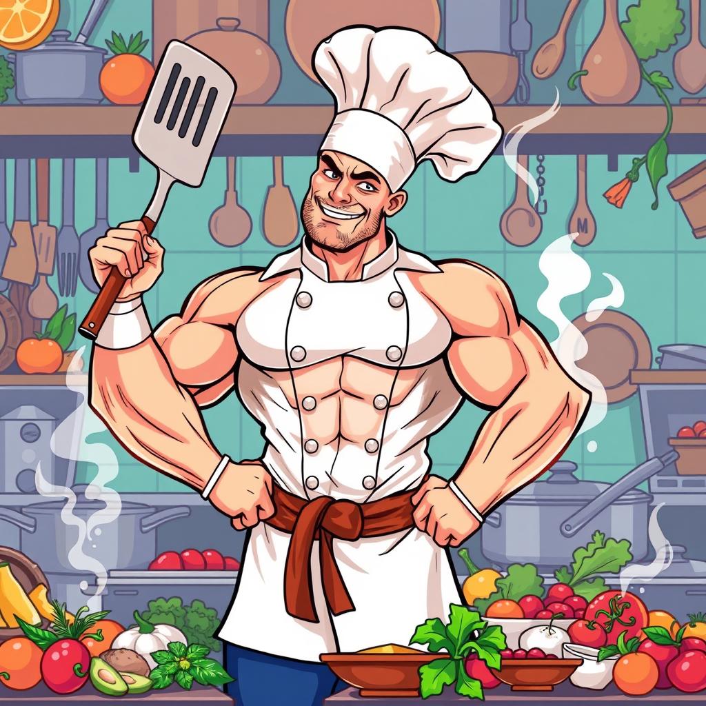 A vibrant and detailed vector illustration of a muscular chef, showcasing a strong physique and wearing a traditional chef's uniform, including a white chef coat and a tall white chef hat