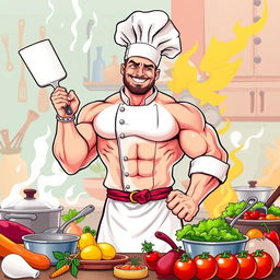 A vibrant and detailed vector illustration of a muscular chef, showcasing a strong physique and wearing a traditional chef's uniform, including a white chef coat and a tall white chef hat