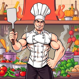A vibrant and detailed vector illustration of a muscular chef, showcasing a strong physique and wearing a traditional chef's uniform, including a white chef coat and a tall white chef hat