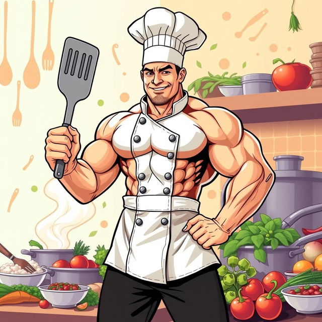 A vibrant and detailed vector illustration of a muscular chef, showcasing a strong physique and wearing a traditional chef's uniform, including a white chef coat and a tall white chef hat