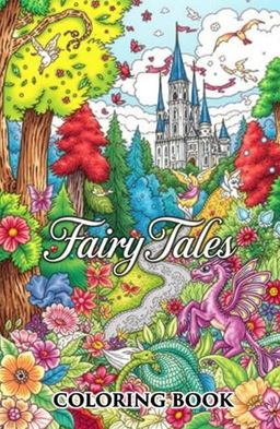 A beautifully illustrated coloring book cover featuring enchanting fairy tale elements