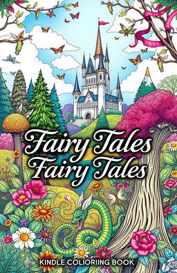 A beautifully illustrated coloring book cover featuring enchanting fairy tale elements
