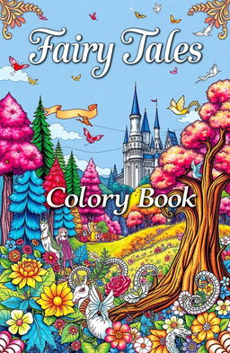 A beautifully illustrated coloring book cover featuring enchanting fairy tale elements